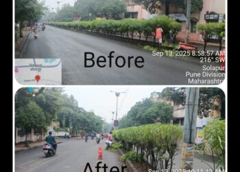 सोलापूर : स्वच्छ व सुंदर सोलापूर मोहिमेतर्गत दुभाजक व फुटपाथ स्वच्छतेस सुरुवात..