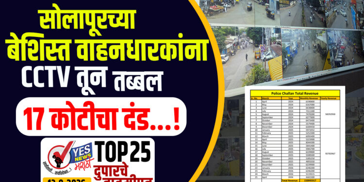 सोलापूरच्या बेशिस्त वाहनधारकांना CCTV तून तब्बल 17 कोटीचा दंड…!